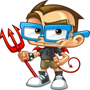 Geek Devil mascot holding a red trident