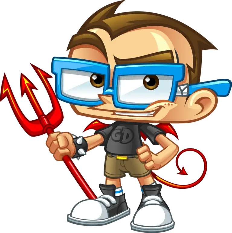 Geek Devil mascot holding a red trident