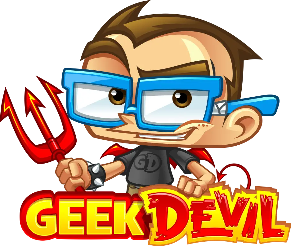 Geek Devil mascot holding a red trident above the Geek Devil logo