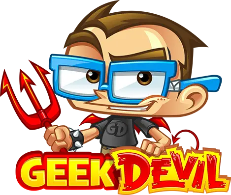 Geek Devil mascot holding a red trident above the Geek Devil logo