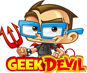 Geek Devil mascot holding a red trident above the Geek Devil logo
